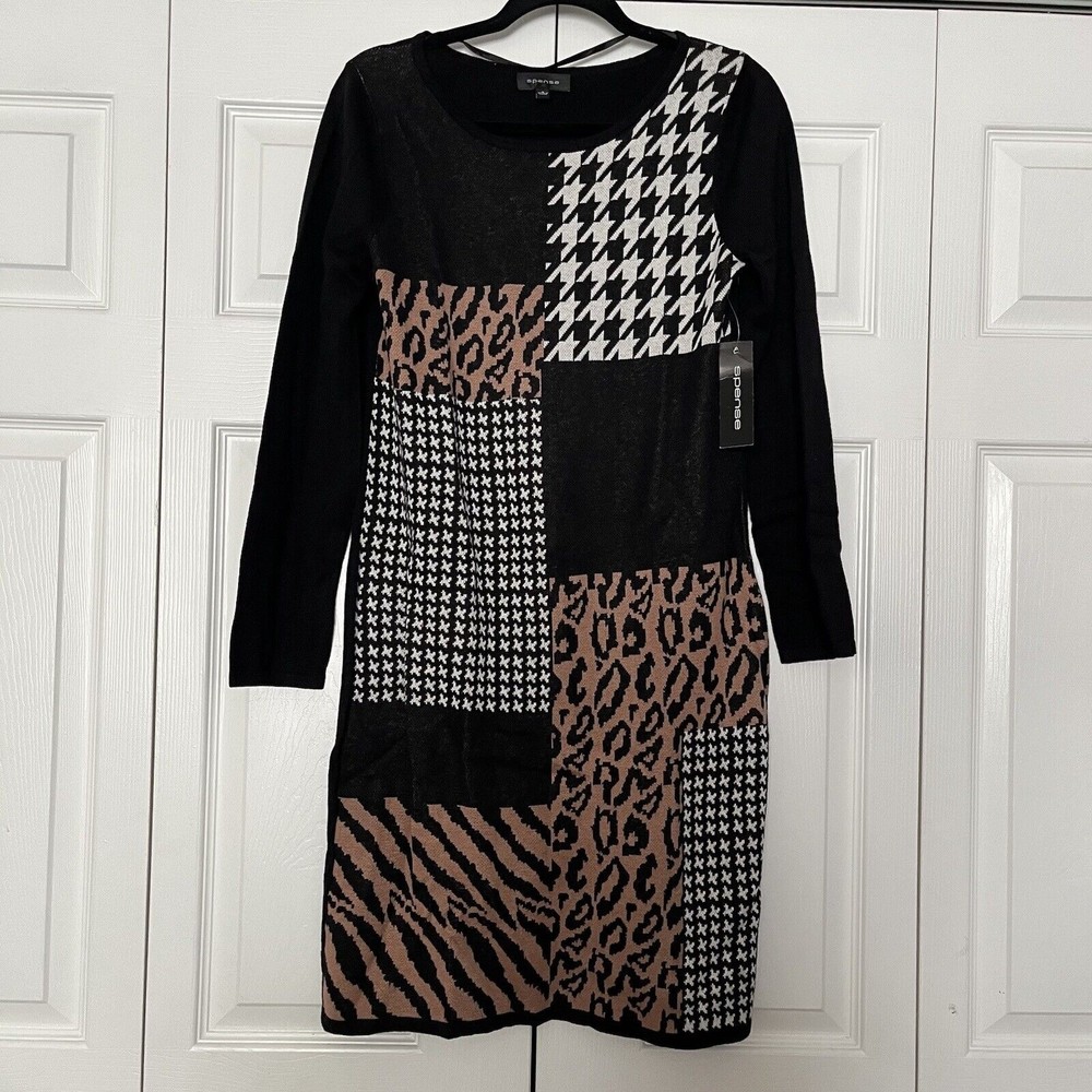 Spense women's black brown animal sweater knee career casual dress NWT size S